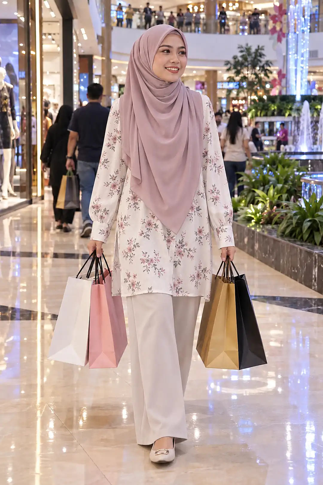 Wanita bertudung berjalan senyum di mall