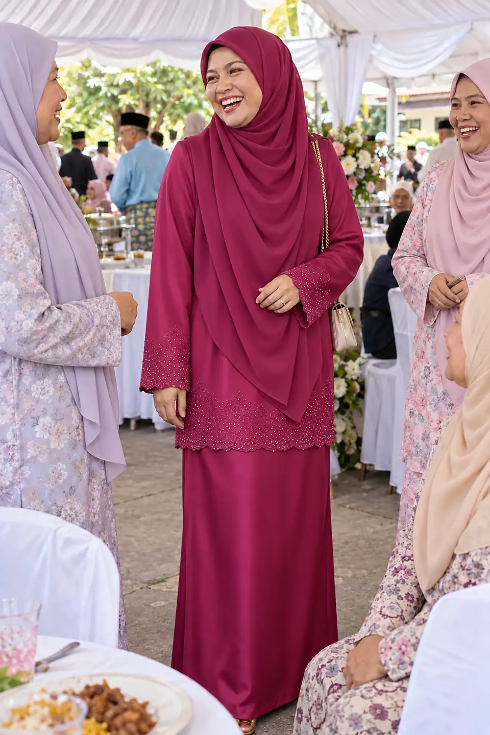 Wanita bertudung ketawa di kenduri memakai baju kurung satin