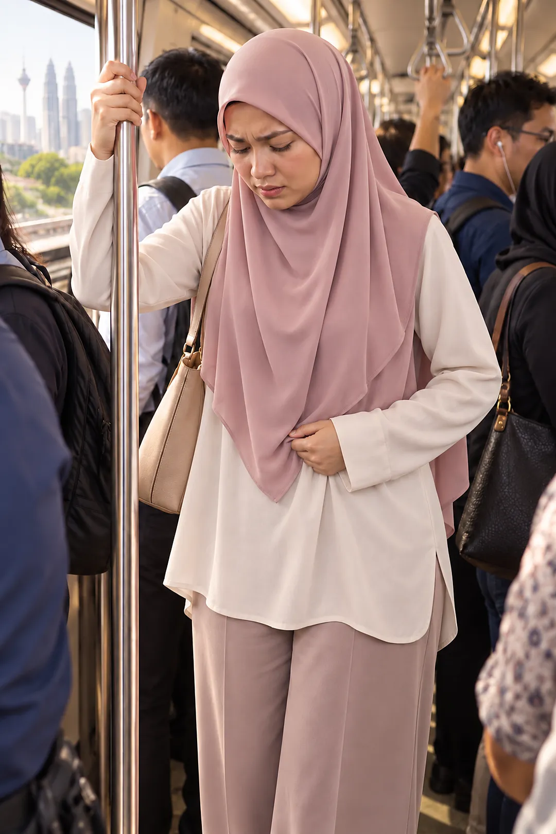 Wanita bertudung dalam LRT tekan pinggang