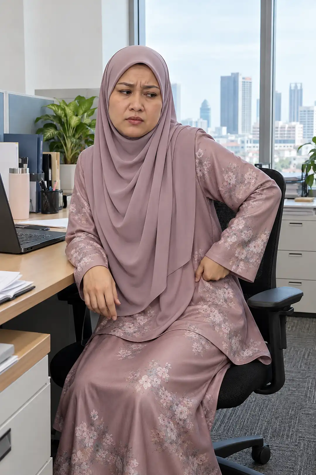 Wanita bertudung di ofis betulkan pinggang baju