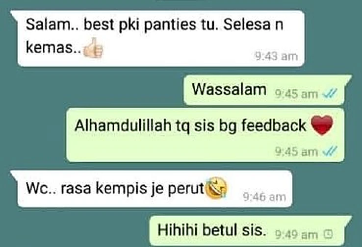 Screenshot WhatsApp Hazimah: best pki panties tu, selesa n kemas, rasa kempis je perut
