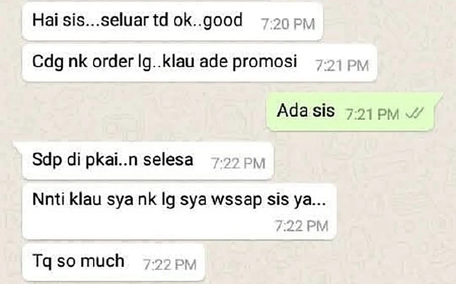 Screenshot WhatsApp pelanggan: seluar ok, cadang nak order lagi