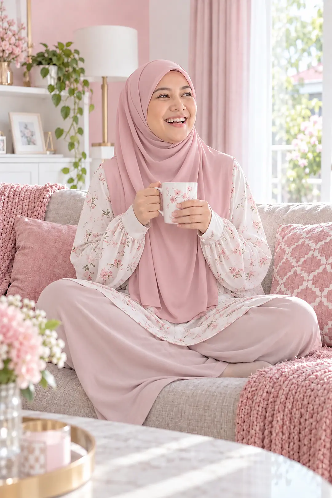 Wanita bertudung duduk bersila senyum di sofa